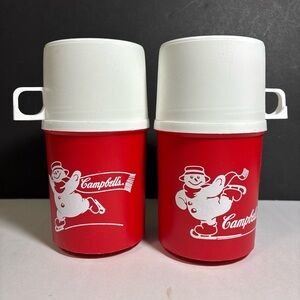 2 Vintage Campbell's Soup Alladinware Thermos Red With Skating Snowman 11.5 oz